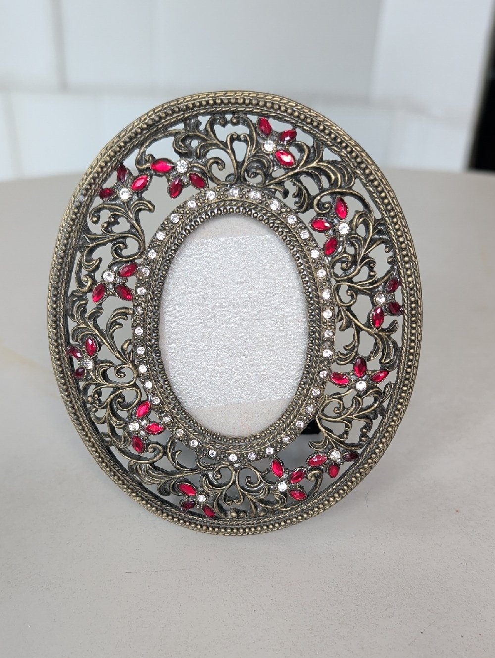VTG Ornate Oval  Picture Frame 3 X2" Rhinestone Red Glass Pewter Base Retro